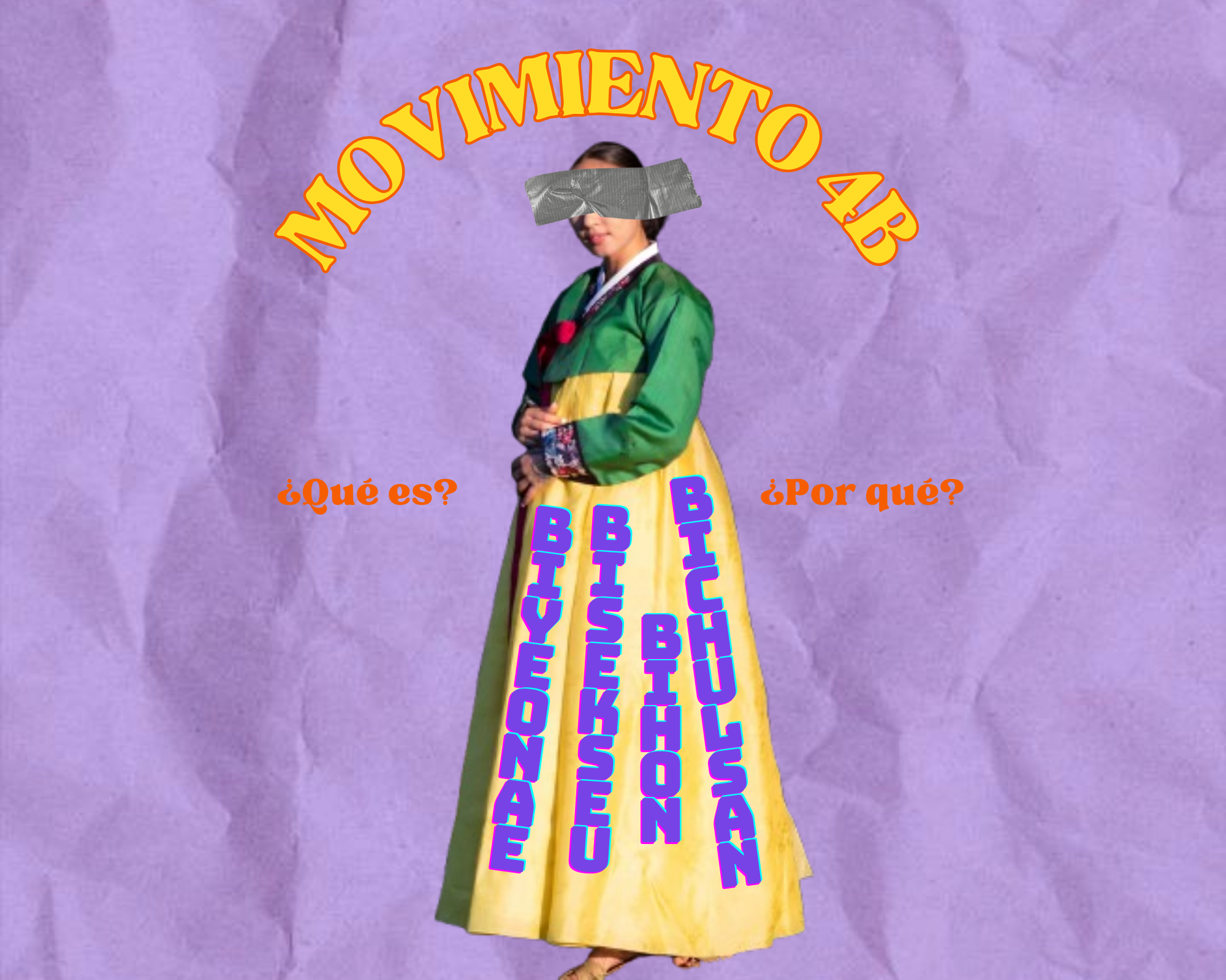 Collage de una mujer coreana con falda larga y mostrando las 4 B